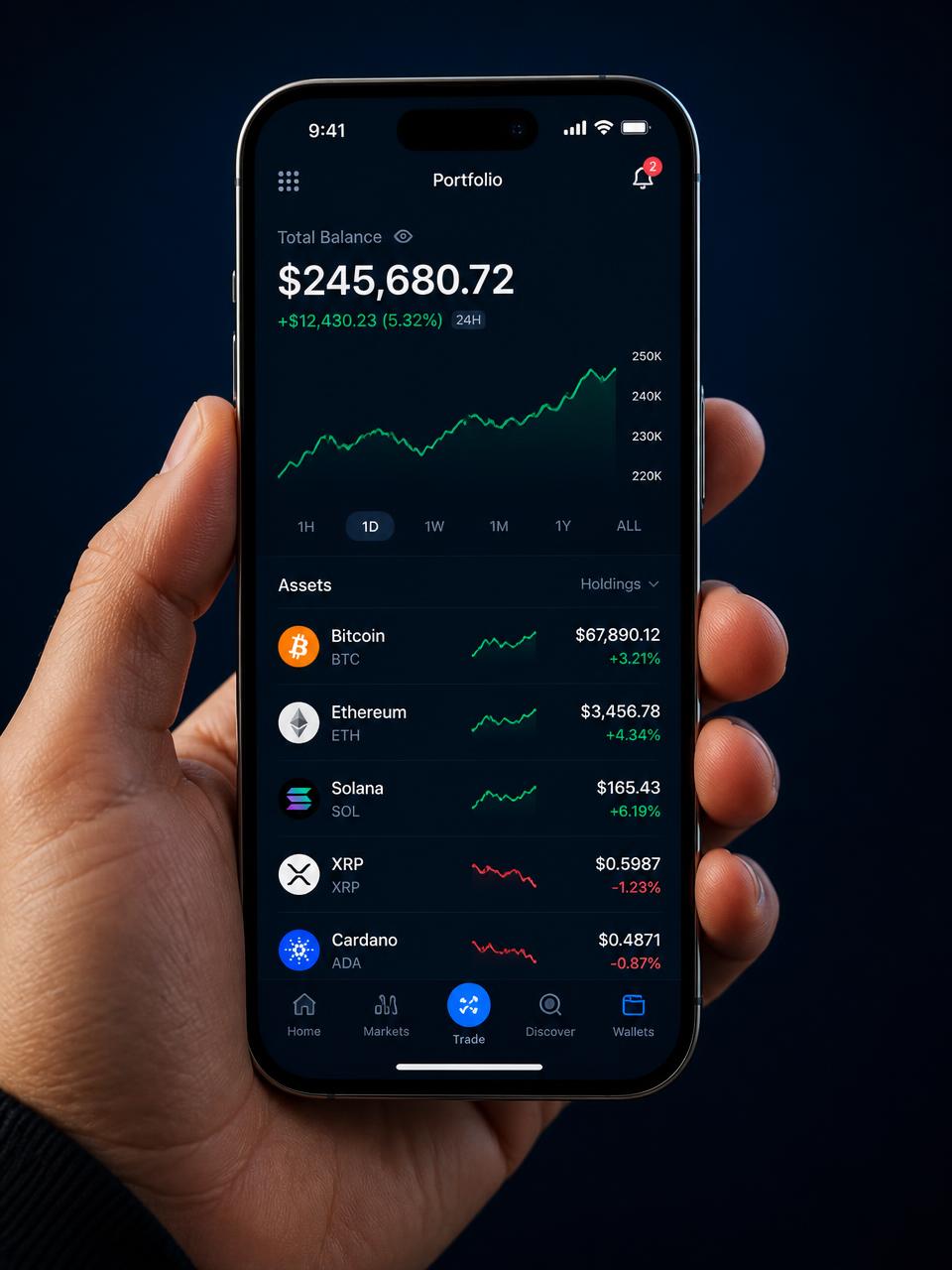 Global Market mobile app showing portfolio balance, performance chart and a live watchlist