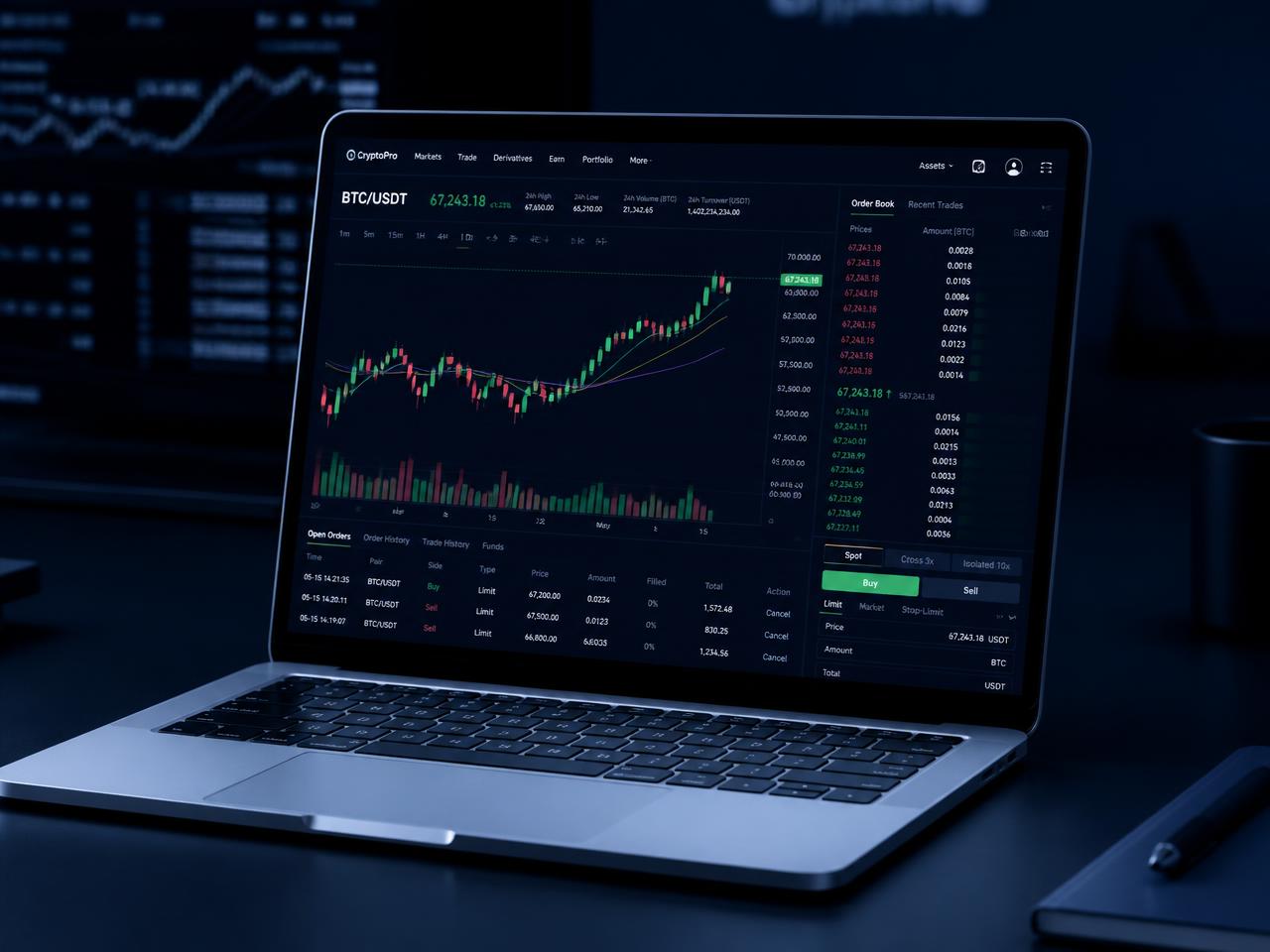 Global Market trading terminal showing a live BTC/USD chart, watchlist and portfolio balance